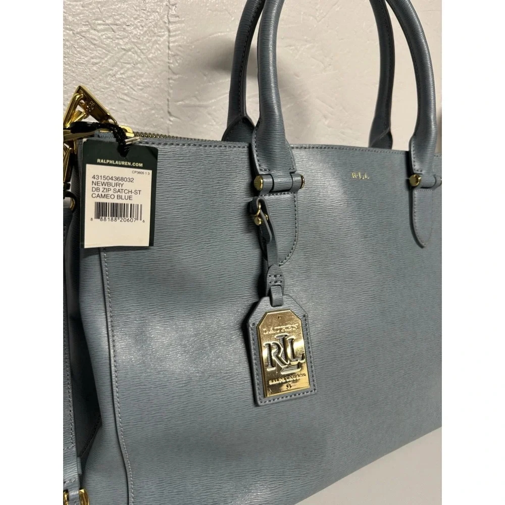Lauren Ralph Lauren Newbury Satchel Purse Double Zip Light Blue Leather Bag NWT